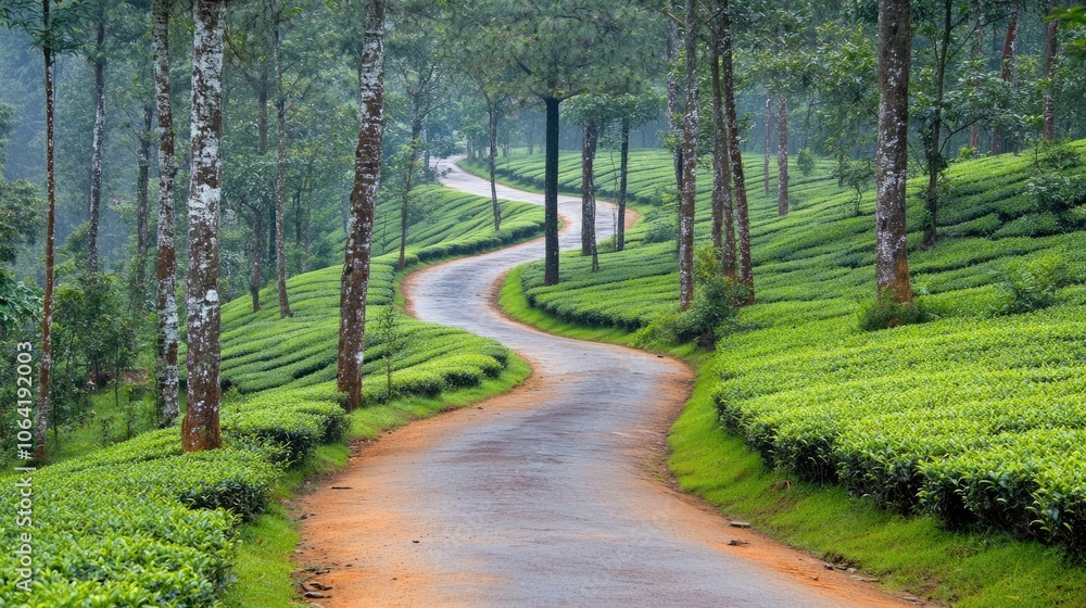 Fototapeta premium Winding Path Through Lush Misty Tea Plantation