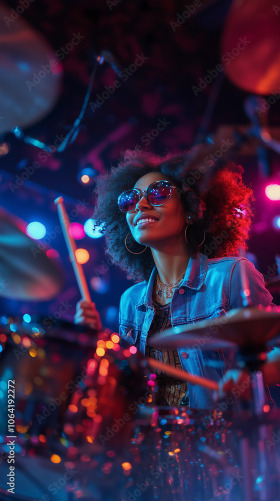 a brunette woman with curly hair, embodying a rock style and attitude, playing the drums at a music concert with a light show at night