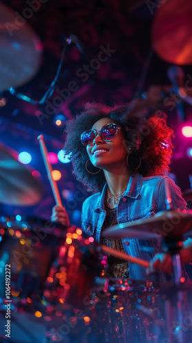 Obraz na płótnie a brunette woman with curly hair, embodying a rock style and attitude, playing the drums at a music concert with a light show at night w salonie