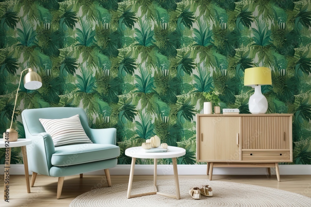 Fototapeta premium Playful Whimsical Jungle Leaf Textile Wallpaper Print for Colorful Decoration