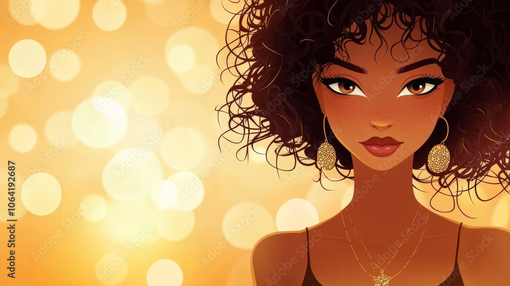 Portrait of a beautiful young black woman with curly afro hair and gold ...