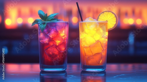 Two colorful cocktails on a bar counter.