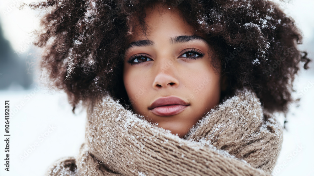 Close-up portrait of a stylish young woman with curly hair and warm winter clothes, enjoying a snowy winter day in a serene outdoor setting, embracing the beauty of the snowfall Close-up portrait of a stylish young woman with curly hair and warm winter clothes, enjoying a snowy winter day in a serene outdoor setting, embracing the beauty of the snowfall