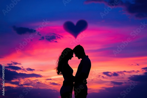 Silhouette of a Couple Embracing at Sunset with Heart-Shaped Cloud