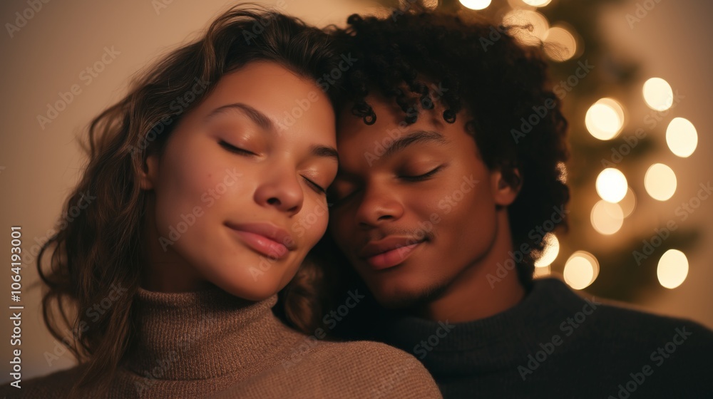Young couple enjoys a peaceful moment together during christmas time, their heads touching as they relax with closed eyes, the warm glow of the christmas tree lights creating a cozy atmosphere Young couple enjoys a peaceful moment together during christmas time, their heads touching as they relax with closed eyes, the warm glow of the christmas tree lights creating a cozy atmosphere