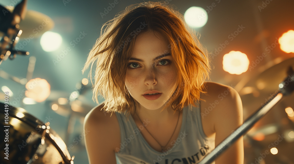 a female drummer with a rock style and attitude playing at a music concert in a nightclub