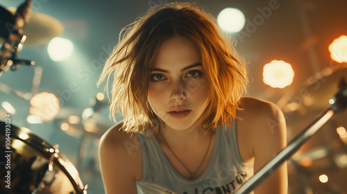 Obraz na płótnie a female drummer with a rock style and attitude playing at a music concert in a nightclub w salonie