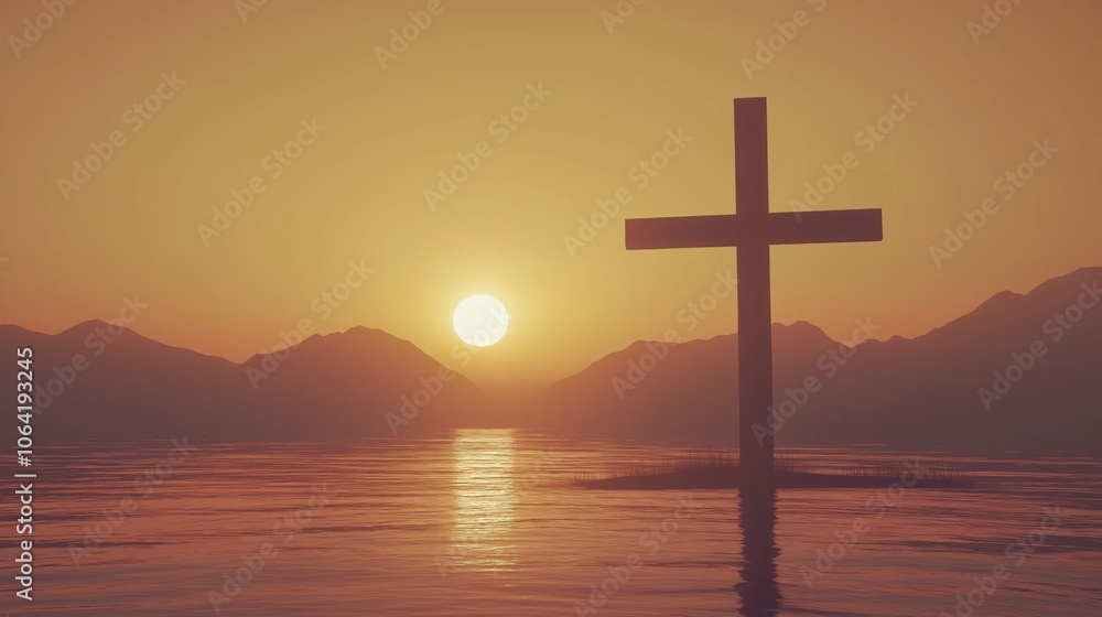 Large wooden christian cross standing in calm water with mountains in the background during a beautiful sunset, creating a serene and spiritual atmosphere Large wooden christian cross standing in calm water with mountains in the background during a beautiful sunset, creating a serene and spiritual atmosphere