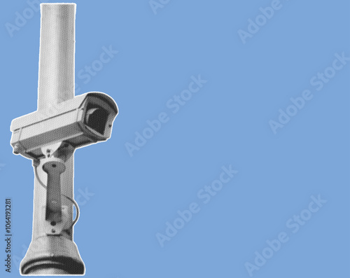 close up of security camera on the pole pixelate grayscale color halftone dotted texture style collage element isolated on blue background