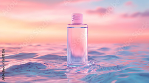 Mockup of a clear cosmetic bottle with cap against a pastel gradient background featuring water waves, providing ample copy space