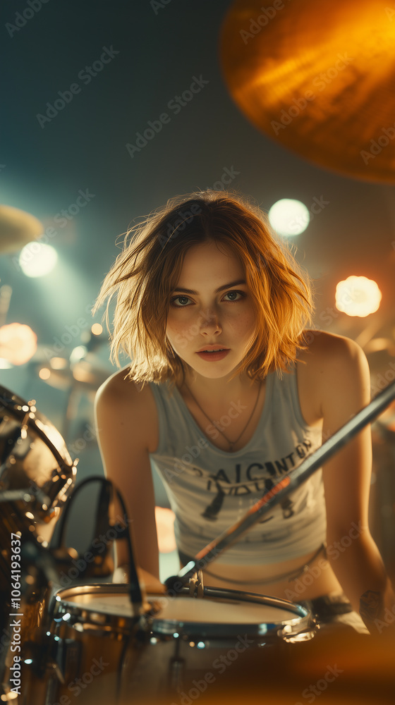a female drummer with a rock style and attitude playing at a music concert in a nightclub