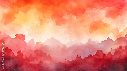 Red and Orange Watercolor Landscape with Misty Mountains, Abstract Art