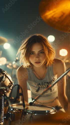 Obraz na płótnie a female drummer with a rock style and attitude playing at a music concert in a nightclub w salonie