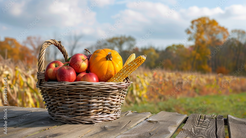 Basket filled with pumpkins, apples, and corn on a harvest table. Background showing fields, trees, and a sky typical of a Thanksgiving setting. Social media horizontal banner Basket filled with pumpkins, apples, and corn on a harvest table. Background showing fields, trees, and a sky typical of a Thanksgiving setting. Social media horizontal banner