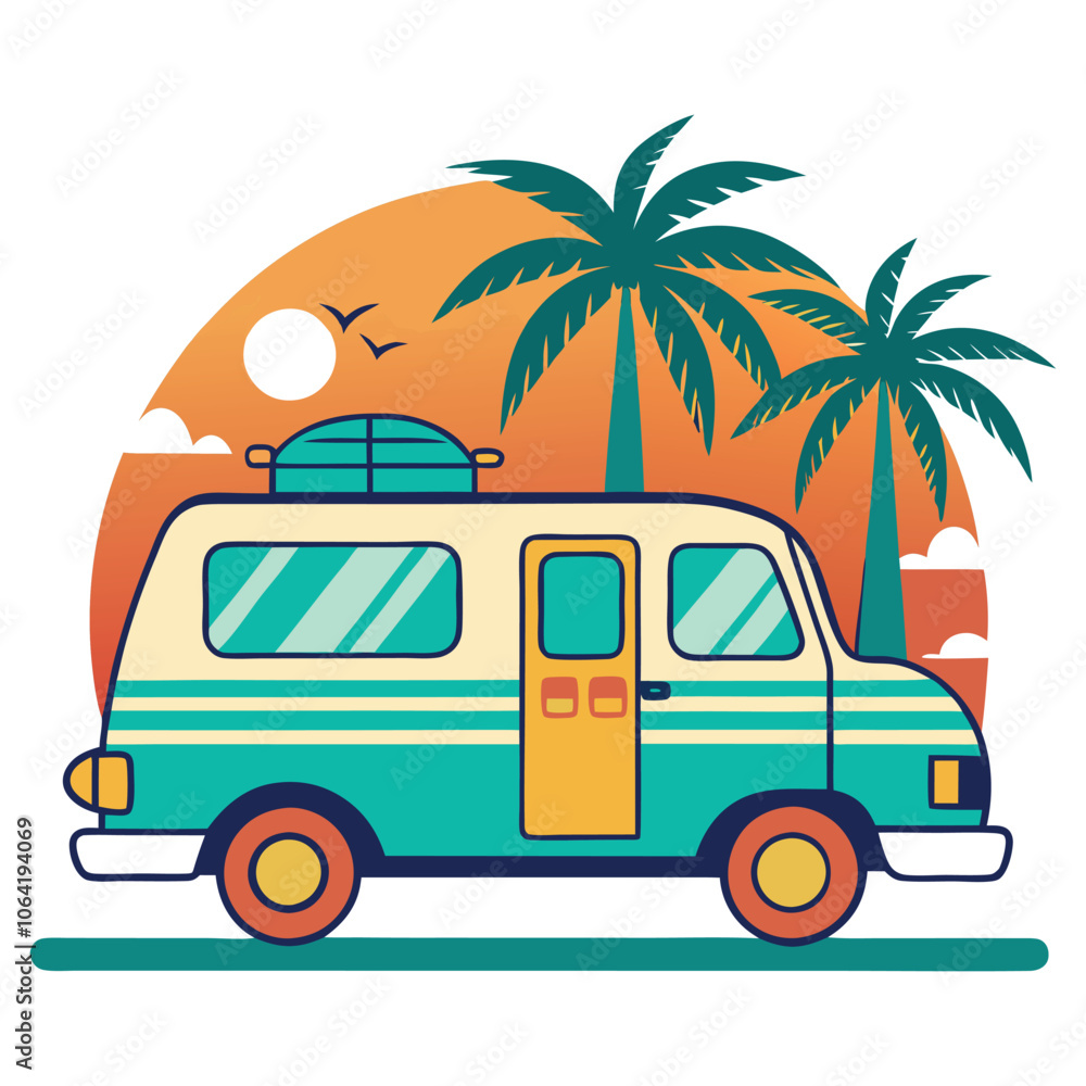 Fototapeta premium illustration of a van with a coconut tree beach