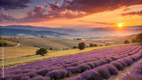 Vast lavender fields under a setting sun casting a golden glow over the landscape