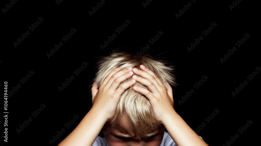 Fototapeta premium Child with blond hair holds head in hands against black background. Concept of stress or frustration.