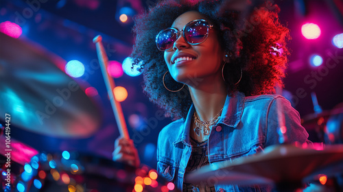 Obraz na płótnie a brunette woman with curly hair, embodying a rock style and attitude, playing the drums at a music concert with a light show at night w salonie