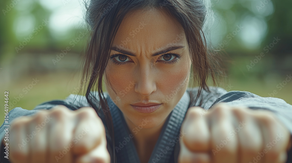 a strong woman embodying feminine strength, perseverance, and dressed in karate, judo, or martial arts attire