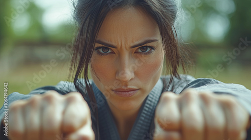 Obraz na płótnie a strong woman embodying feminine strength, perseverance, and dressed in karate, judo, or martial arts attire w salonie