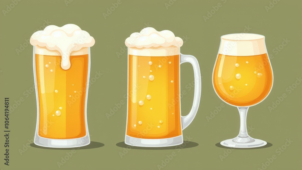Foamy glass of beer clipart, with a mug, pint, and tulip glass, creating a warm, inviting look on green Foamy glass of beer clipart, with a mug, pint, and tulip glass, creating a warm, inviting look on green