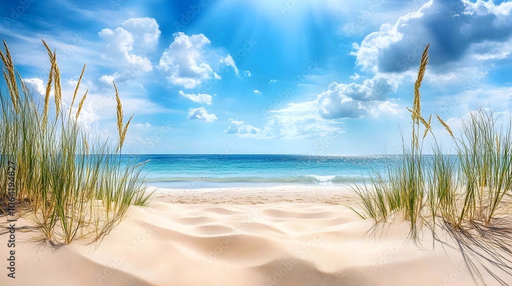 custom made wallpaper toronto digitalSand Dunes on Beach with Blue Sea and Sky Background . illustration