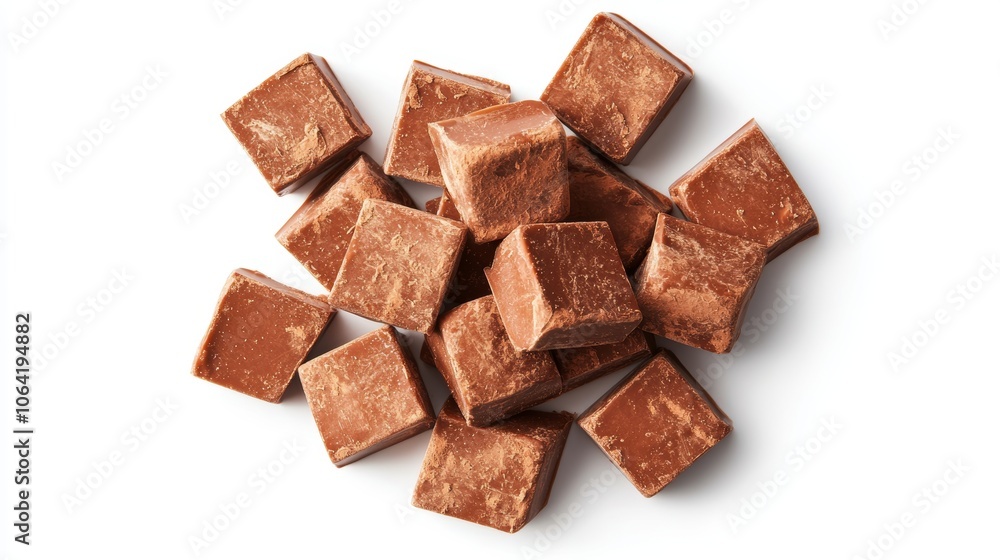 Tasty milk chocolate chunks close-up, creamy texture isolated on white background, high-detail shot for dessert advertisements Tasty milk chocolate chunks close-up, creamy texture isolated on white background, high-detail shot for dessert advertisements