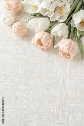 Elegant floral arrangement on natural fabric background with vibrant roses and delicate greenery for a beautiful wedding decor or feminine design