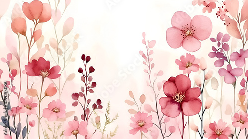 Delicate Watercolor Flowers and Foliage, Softly Painted in Pink and Red Hues, creating a Romantic and Elegant Atmosphere.