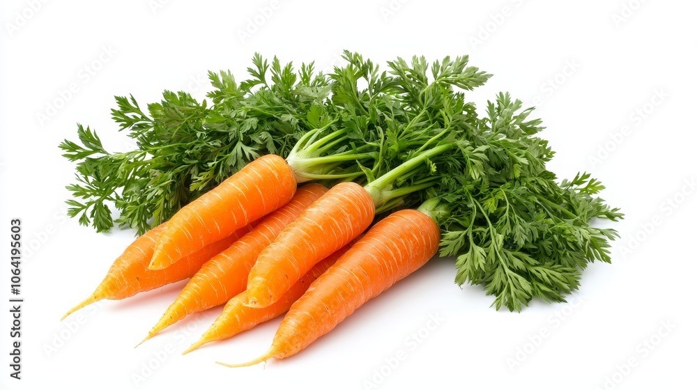 Macro shot of crisp, fresh carrots, bright orange with green tops, isolated on white background, ideal for healthy food ads, high detail focus Macro shot of crisp, fresh carrots, bright orange with green tops, isolated on white background, ideal for healthy food ads, high detail focus