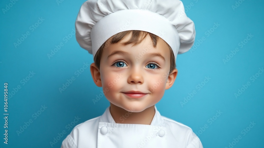 Young boy wearing chef hat and uniform smiles at the camera against a blue background. Young boy wearing chef hat and uniform smiles at the camera against a blue background.