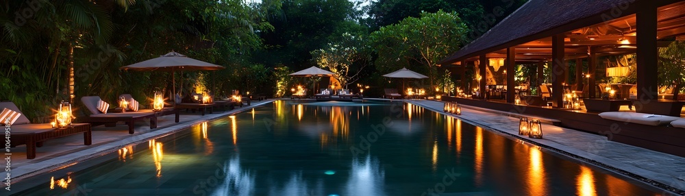 Fototapeta premium A Tranquil Evening at a Tropical Resort with a Pool and Lanterns