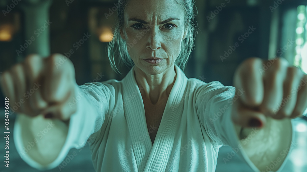 a strong mature woman embodying feminine strength, perseverance, and dressed in karate, judo, or martial arts attire
