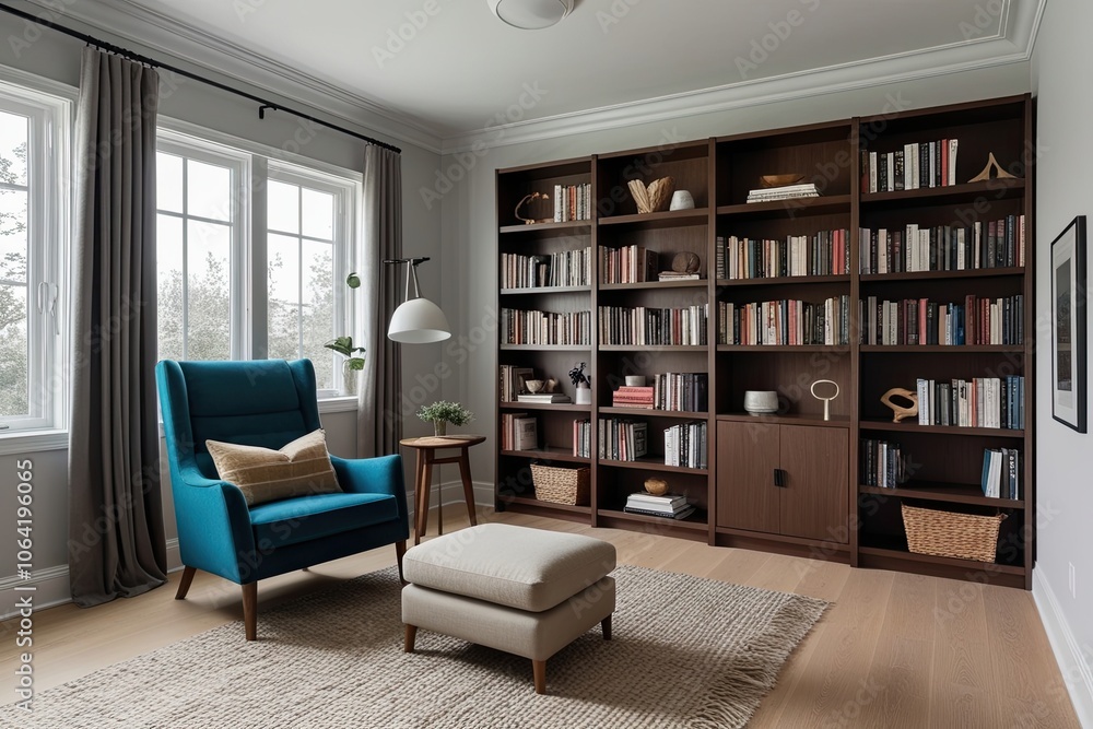 Scandinavian Bookcase and Armchair in a Modern Cozy Home Library Interior Scandinavian Bookcase and Armchair in a Modern Cozy Home Library Interior