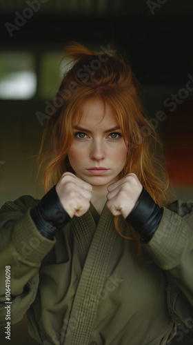 a strong woman embodying feminine strength, perseverance, and dressed in karate, judo, or martial arts attire