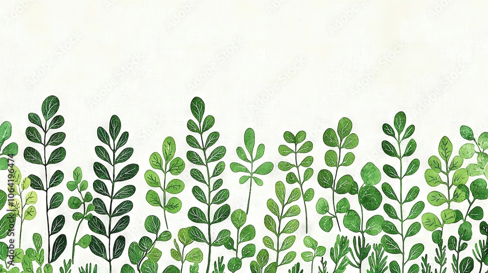 Obraz premium A painting of green leaves on a white background for use as a wall decoration with space for added text or images