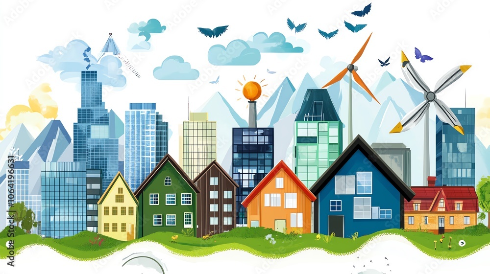 Colorful cityscape illustration depicting modern urban buildings and wind turbines with nature elements, blending innovation and ecology. Colorful cityscape illustration depicting modern urban buildings and wind turbines with nature elements, blending innovation and ecology.