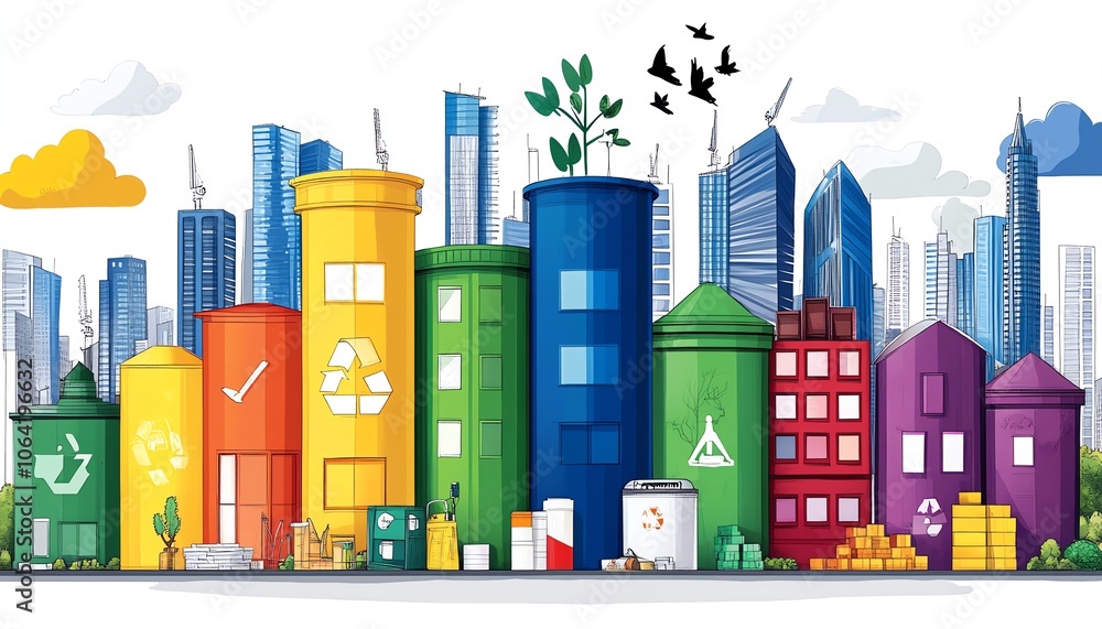 Fototapeta premium Colorful cityscape illustration featuring sustainable buildings with green energy symbols and urban skyline in the background.