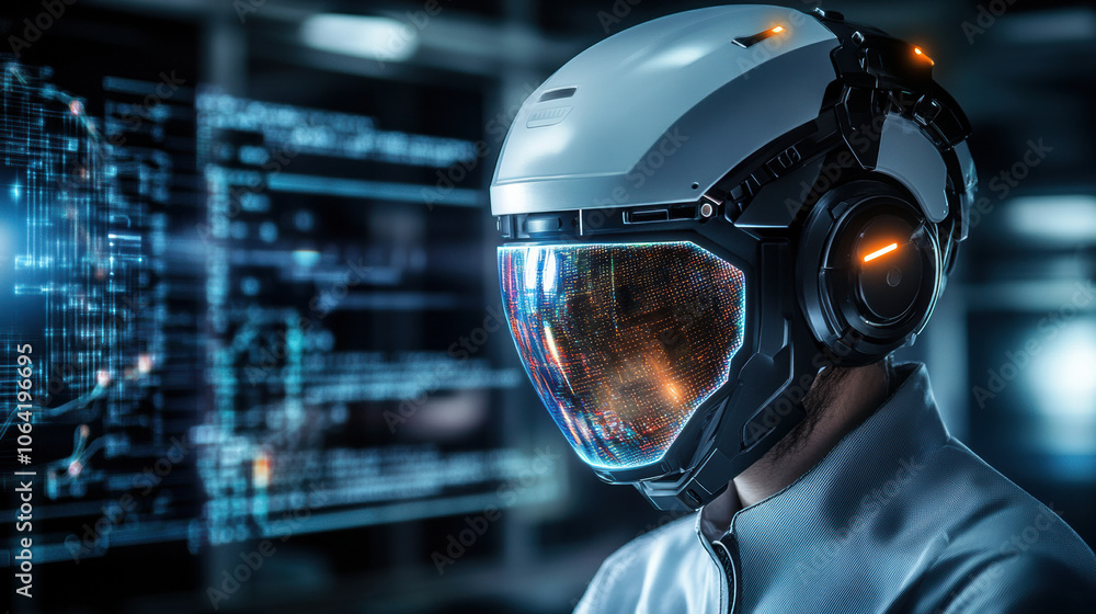 Futuristic helmet with holographic visor and advanced technology background Futuristic helmet with holographic visor and advanced technology background
