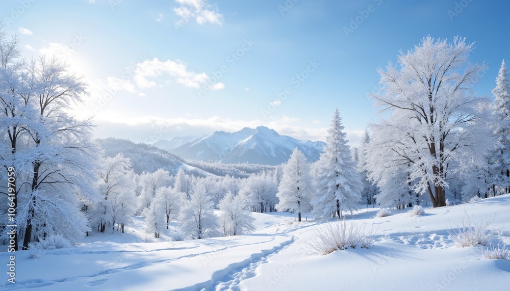 Majestic snow-covered mountain landscape with frosted trees in pristine white against bright blue winter sky with copy space Majestic snow-covered mountain landscape with frosted trees in pristine white against bright blue winter sky with copy space