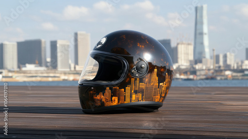 Retro inspired motorcycle helmet with custom graphics and city skyline photo