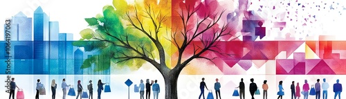 Colorful cityscape with a vibrant tree and diverse silhouettes, symbolizing community, diversity, and urban life. photo