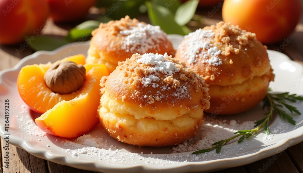 Homemade Apricot Dumplings Dusted with Powdered Sugar on Rustic Wooden Table. Marillenknödel Homemade Apricot Dumplings Dusted with Powdered Sugar on Rustic Wooden Table. Marillenknödel
