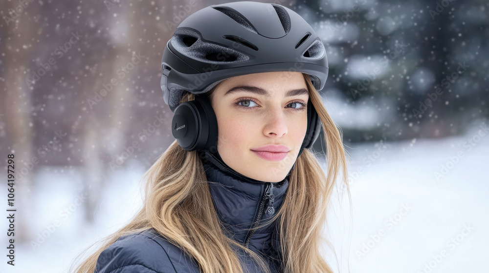 Winter woman wearing helmet with ear protection in snow Winter woman wearing helmet with ear protection in snow