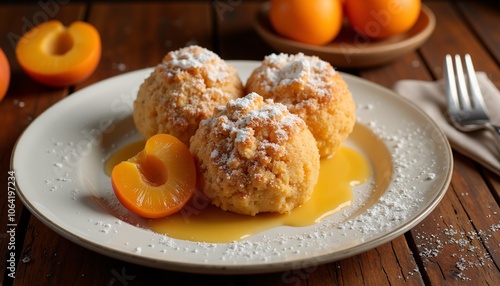 Sweet Apricot Dumplings in Golden Syrup on Ceramic Plate. Marillenknödel