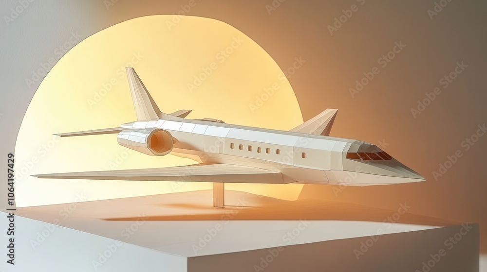 Intricate paper model of a modern private jet with a vibrant sunset background Intricate paper model of a modern private jet with a vibrant sunset background