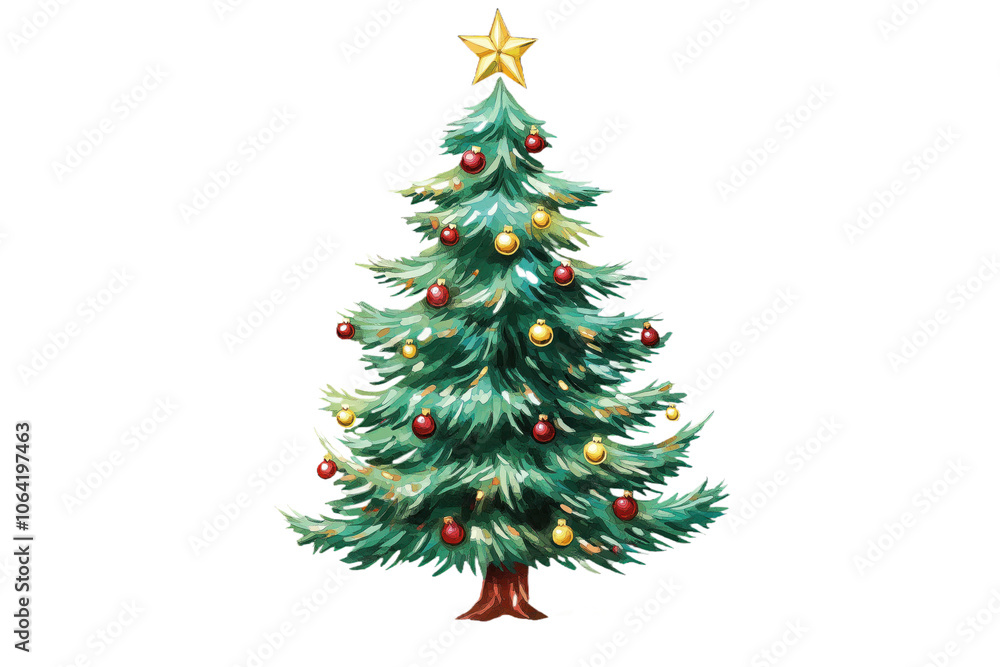 Christmas tree isolated on alpha background with red and gold ornaments and gold star on top. Brown tree trunk with green branches extending outwards. Central position of tree draws viewer attention. Christmas tree isolated on alpha background with red and gold ornaments and gold star on top. Brown tree trunk with green branches extending outwards. Central position of tree draws viewer attention.