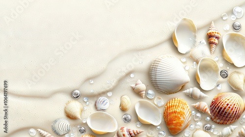   A group of shells scattered on a sandy seashore with water droplets covering their bases photo