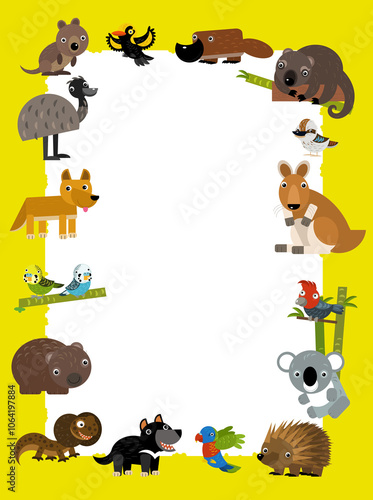 cartoon scene with frame border template with african animals like kangaroo koala dingo tasmanian devil emu duck platypus parrot birds and other with space for text illustration for children