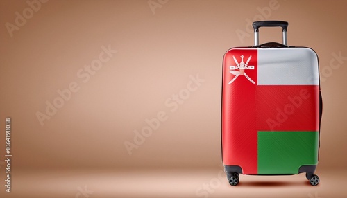 オマーンの国旗のスーツケース。(Oman flag on a stylish suitcase and copy space.) 